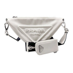 Prada Triangle Shoulder Bag Leather Canvas Off White Black Silver